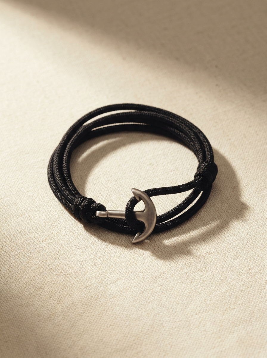 Pulseira náutica em cordame preto com elo âncora em aço escovado, sobre fundo de linho cru